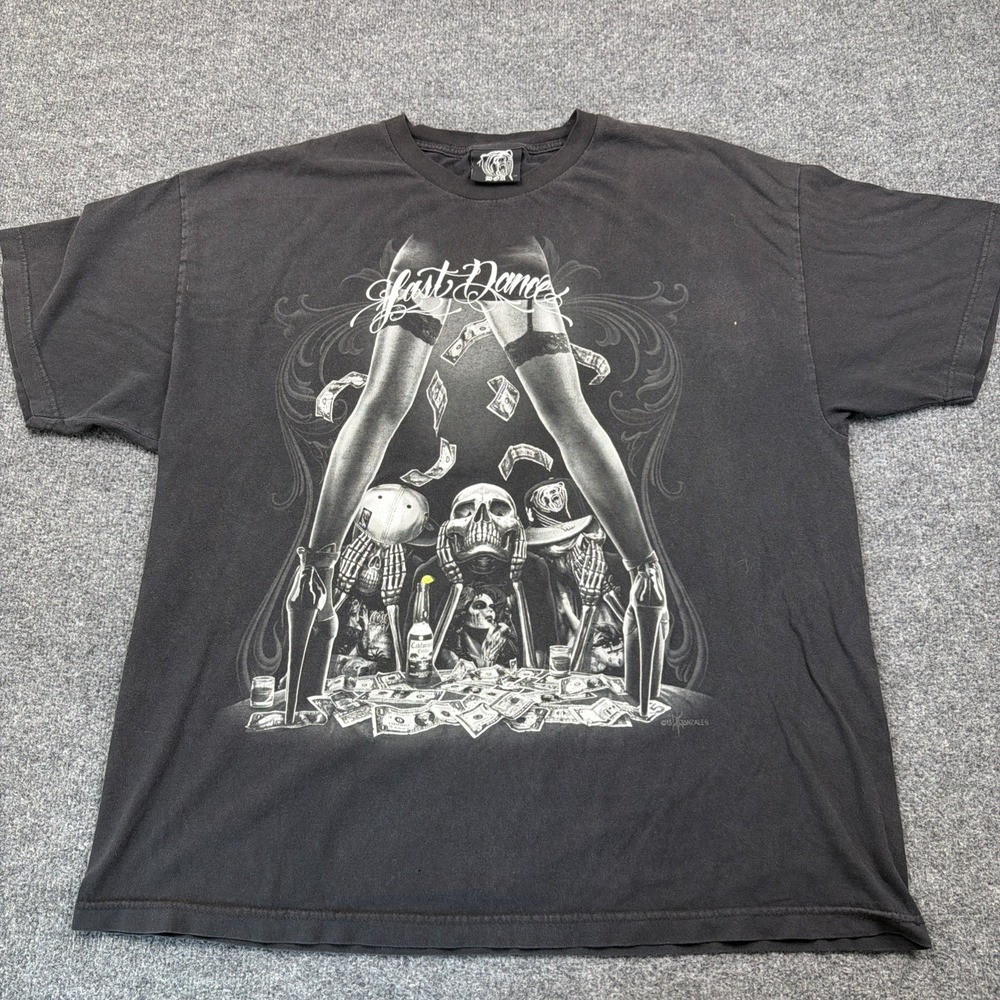 Vintage DGA Last Dance Shirt Mens 2XL Black Skeleton Stripper David Gonzales Art